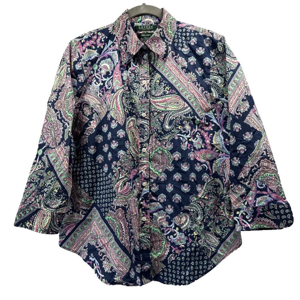 Lauren Ralph Lauren Womens Blouse Petite L Colorful Paisley 3/4 Sleeve Button Up
